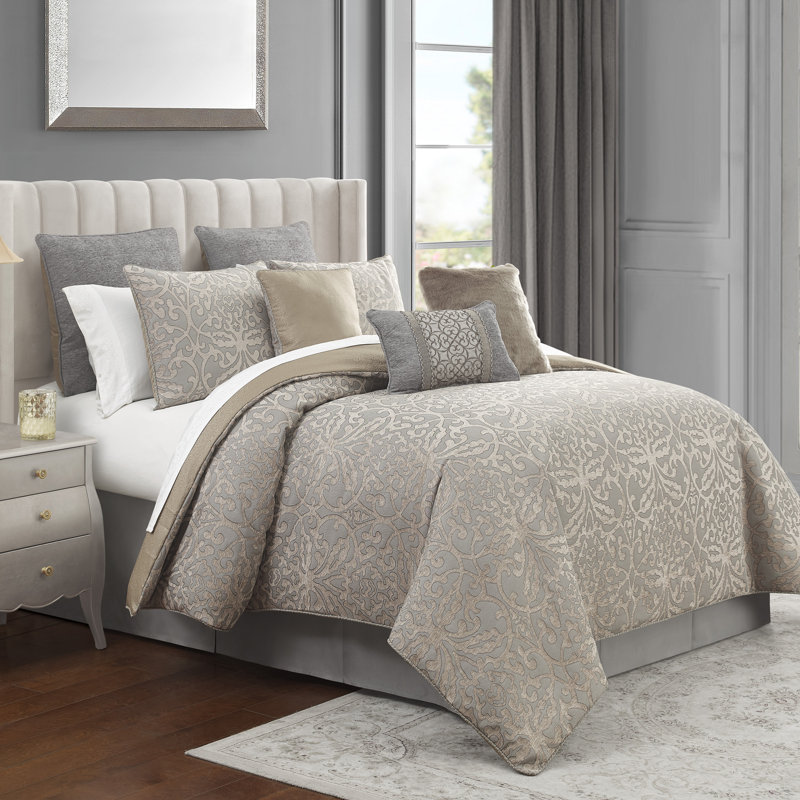 Carrick Polyester Ring Stitch Damask Comforter, King Comforter + 5 Additional Pieces
