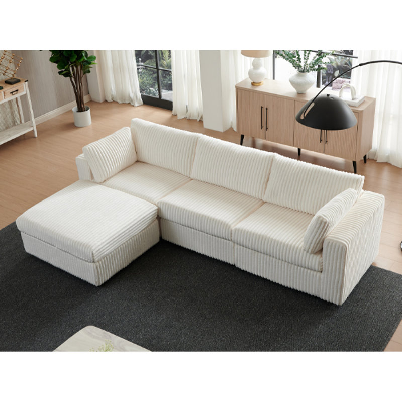 Canapé modulaire de 113 po avec repose-pieds, canapé Cloud convertible en forme de L, tissu en velours côtelé, coussins moelleux Cloud, ensemble de canapé durable pour le salon