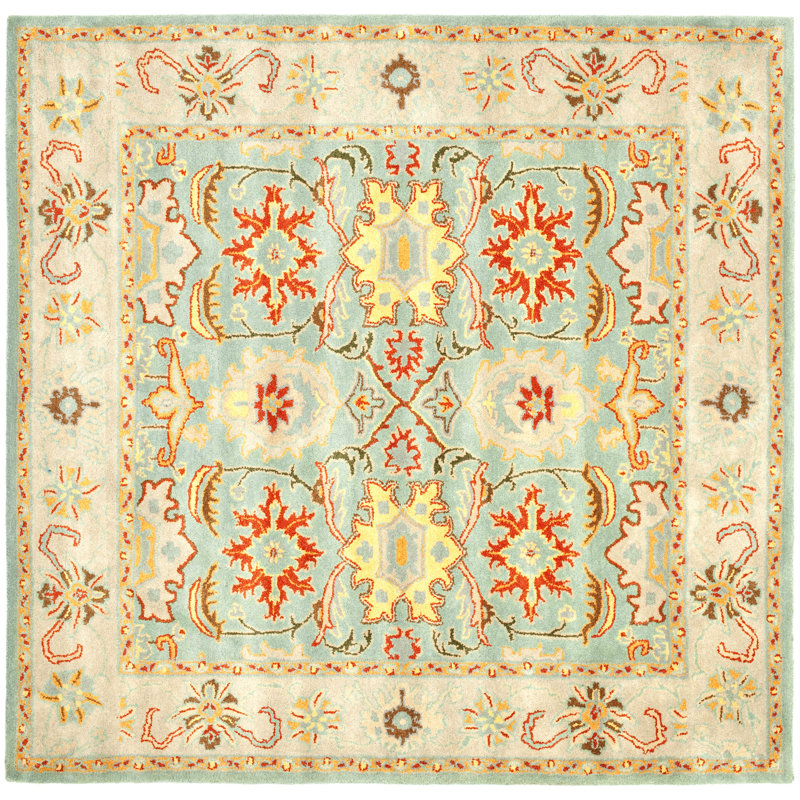 Tapis oriental bleu clair en laine touffeté à la main Chaim, Carré 9 pi