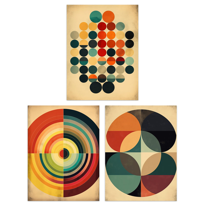 Bauhaus Mid Century Modern Abstract Geometric Circles - 3 Piece No Frame Print Set, 40.5cm H x 30.5cm W x 0.3cm D
