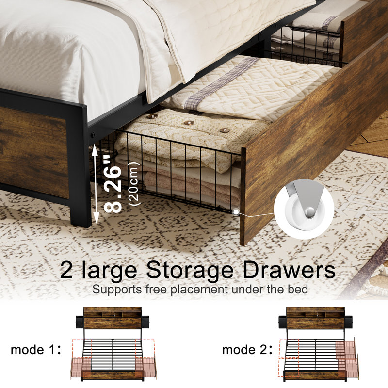 Antioch Bed Frame with 2 Underbed Drawers & 2 Bedside Drawers, Modern Bed with Charging Station & LED Light