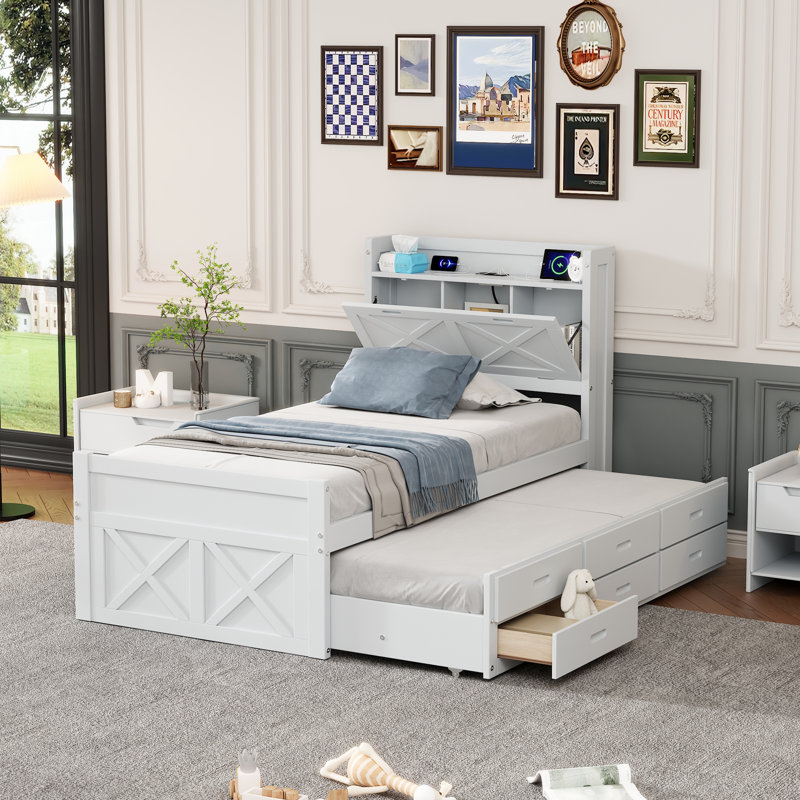 Lit simple en bois avec tête de lit avec prises de courant, lit extensible avec lit gigogne simple avec trois tiroirs de rangement, blanc