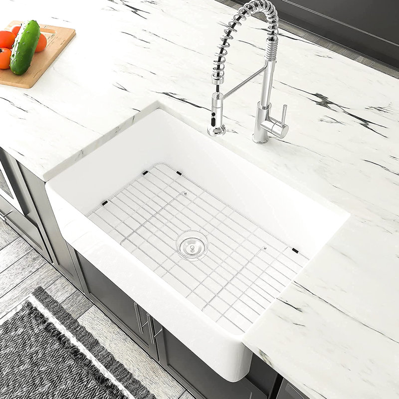 Évier de cuisine en céramique blanche 33 po x 20 po - Chaleur, éviers à cuve profonde avec crépine, insonorisant, rouille, teint L 33 po x l 20 po pour amortissement, décor à rayures