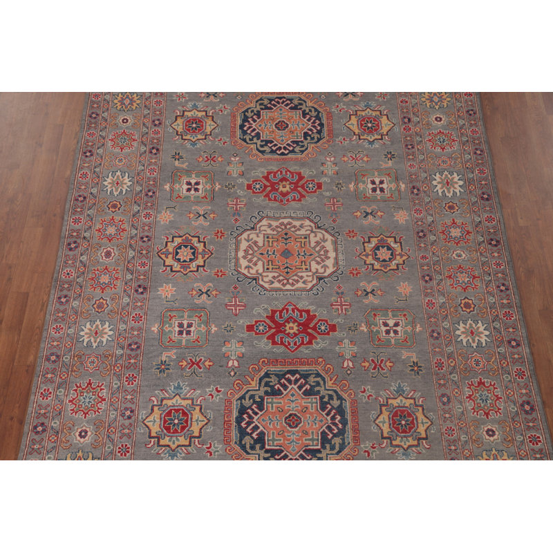 Grey Geometric Kazak Oriental Area Rug 7x10
