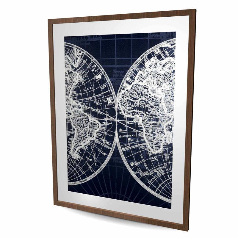 «World Map Blue Print», vue par satellite, villes, reproduction encadrée