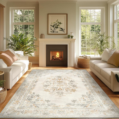 Vintage Floral Distressed Design Non-Slip Low-Pile Soft Thin Faux Wool Area Rug
