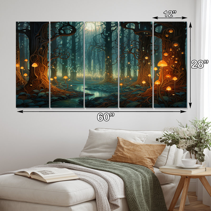 «Glowing Lights In The Full Moon Forest Magic», impression d'art mural prairie - 5 panneaux égaux