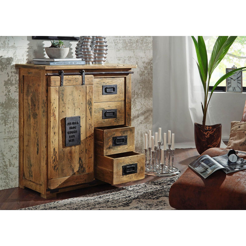 Railway Solid Wood 90 cm W Chest of 4 Drawers, Natural