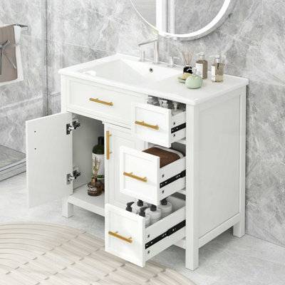 Meuble-lavabo 36 po avec lavabo, panneau en bois massif et panneau de fibres à densité moyenne, deux portes, trois tiroirs, conception autoportante moderne