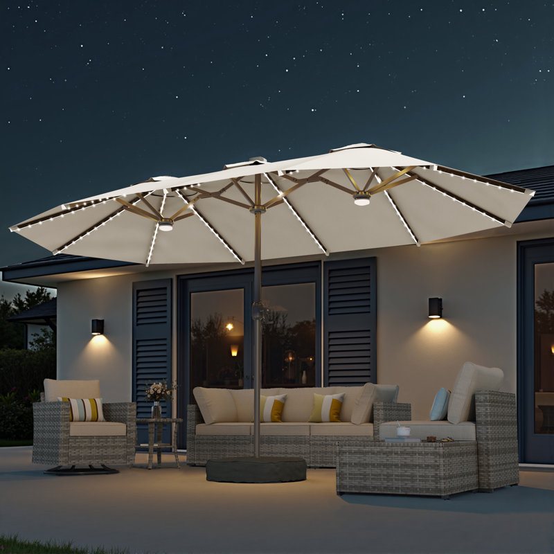 Parasol de marché rectangulaire 8,5 pi x 14,5 pi avec base et lumières DEL à changement de couleur, Crème
