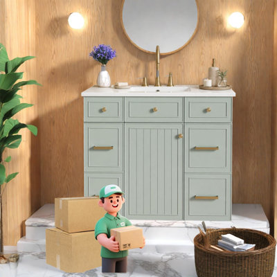 Meuble-lavabo vert 36 po avec rangement moderne