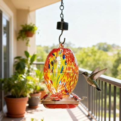 Hand Blown Glass Hummingbird Feeder For Outdoors With Ant Moat And Cleaning Brush, 27OZ Capacity With Leak-Proof Design And Copper Feeding Ports For Garden Decor And Bird Watching
