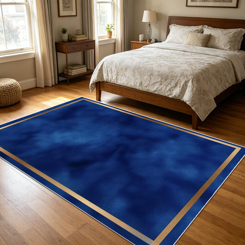 1PC Navy Blue Watercolor Tie-dye Gold Frame Border area rugs for Living Room, Soft and Comfortable, Suitable for all seasons, easy-to-maintain, machine washable Indoor floor mat, Under Table Farmhouse suitable for dining room, bedroom, kitchen,
