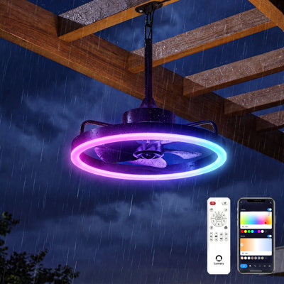 Ventilateur de plafond d'extérieur intelligent de 20 po avec lumières RVBI Lumary, connexion Bluetooth Wi-Fi, ventilateur Fandelier à fiche étanche avec crochet / télécommande / commande APP pour les patios GazeboWork avec Alexa Google 