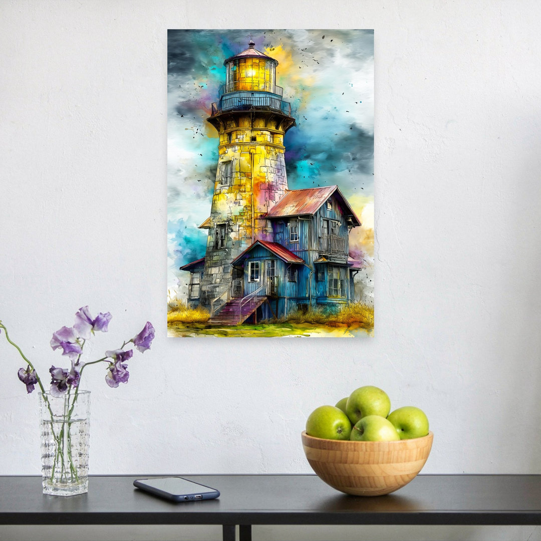 Colorful Watercolor Lighthouse Colorful Dramatic Rustic Architecture Coastal Wall Art Print