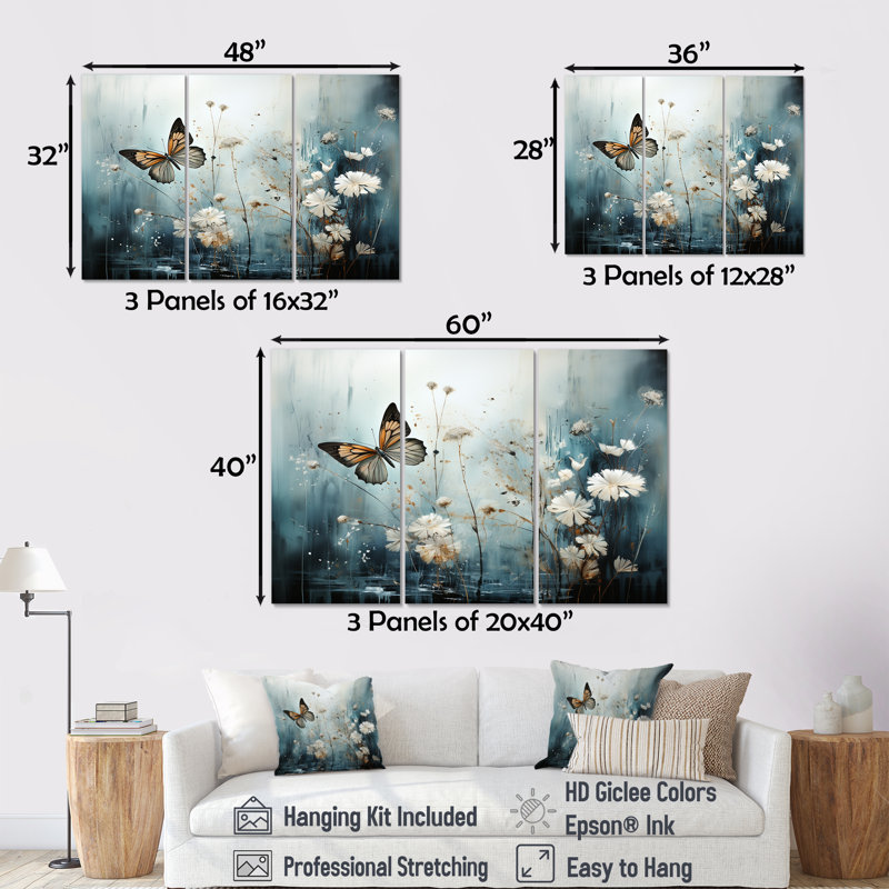 Papillon champ de fleurs - ensemble d'art mural floral, H 40 po x l 60 po x P 1 po