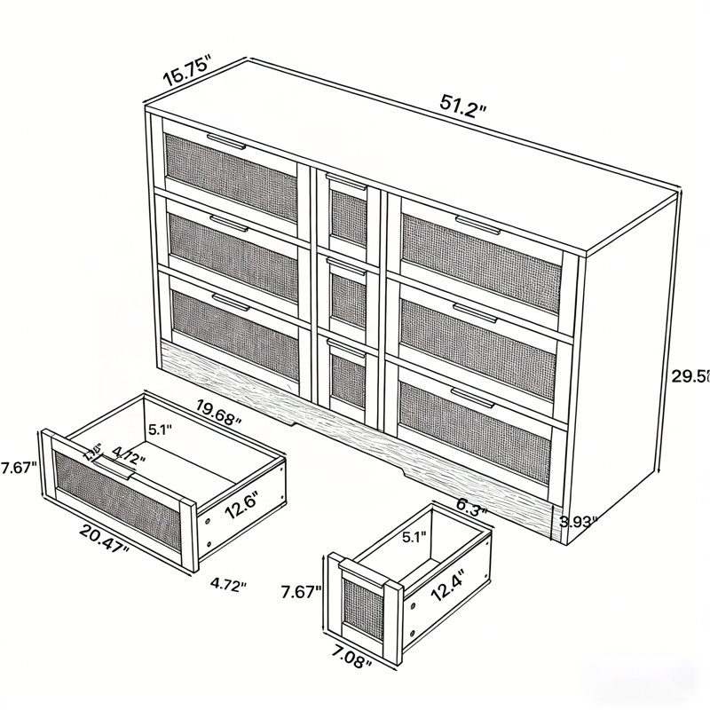 Stylish Rattan Storage Cabinet With 9 Drawers, Metal Handles For Organized And Elegant Home Decor, Natural