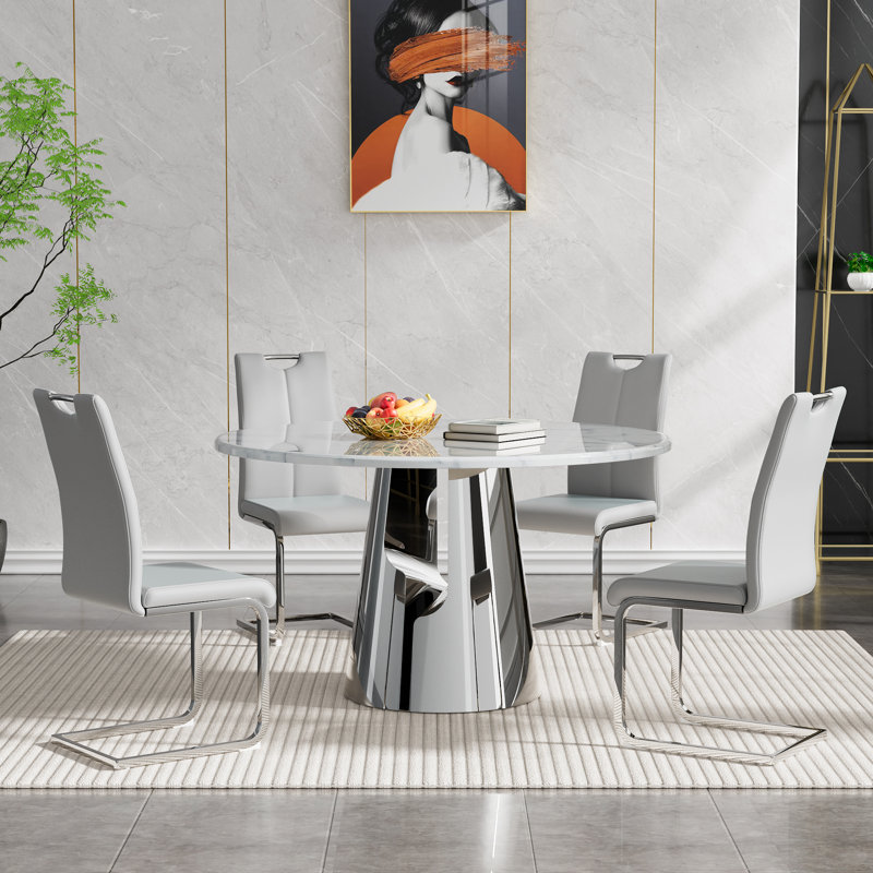 5 Piece Round Dining Table Set, 45" Round Marble Dining Table with 4 Dining Chairs, Modern Circle Kitchen Table Set with Hollow-Out Stainless Steel Base, Dining Room Table and Chairs Set