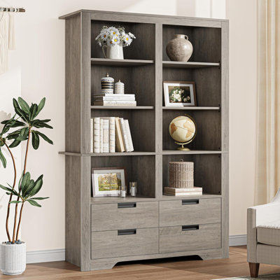 71" Tall Bookshelves with 4 Drawers,6 Tier Large Bookcase, Farmhouse with Storage, Floor Standing Display Storage Shelves, Standing Shelving Unit for Living Room, Kitchen