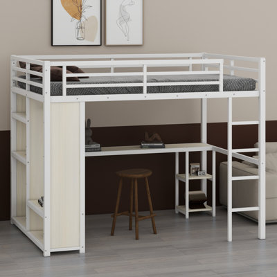 Structure de lit mezzanine en métal avec garde-robe intégrée, bureau et tablettes de rangement