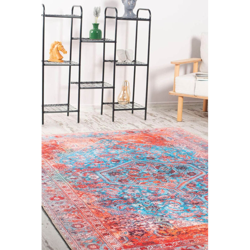 Tapis décoratif rouge et bleu, Tapis de couloir 2 pi 6 po x 5 pi