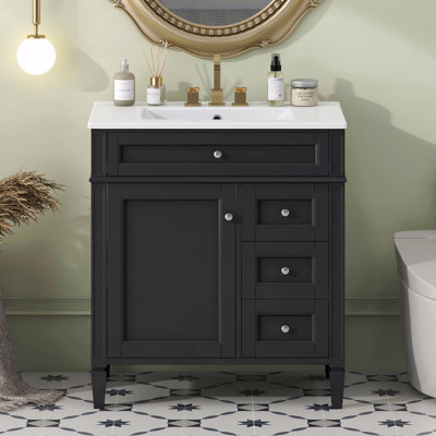 Meuble-lavabo de salle de bain avec lavabo supérieur, meuble de rangement moderne avec 2 tiroirs et un tiroir basculant, meuble-lavabo simple