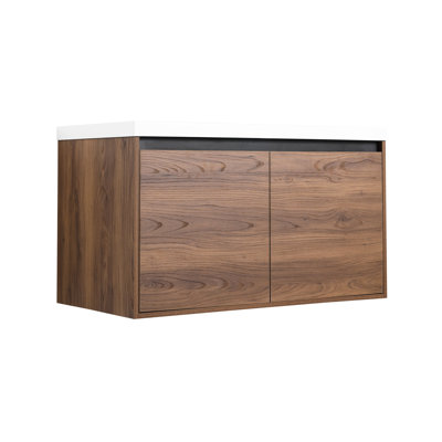 Meuble-lavabo 36 po, brun avec lavabo à poser en résine - Armoire 2 portes, bois d'ingénierie résistant au quotidien, ternissure et meuble-lavabo 36 po