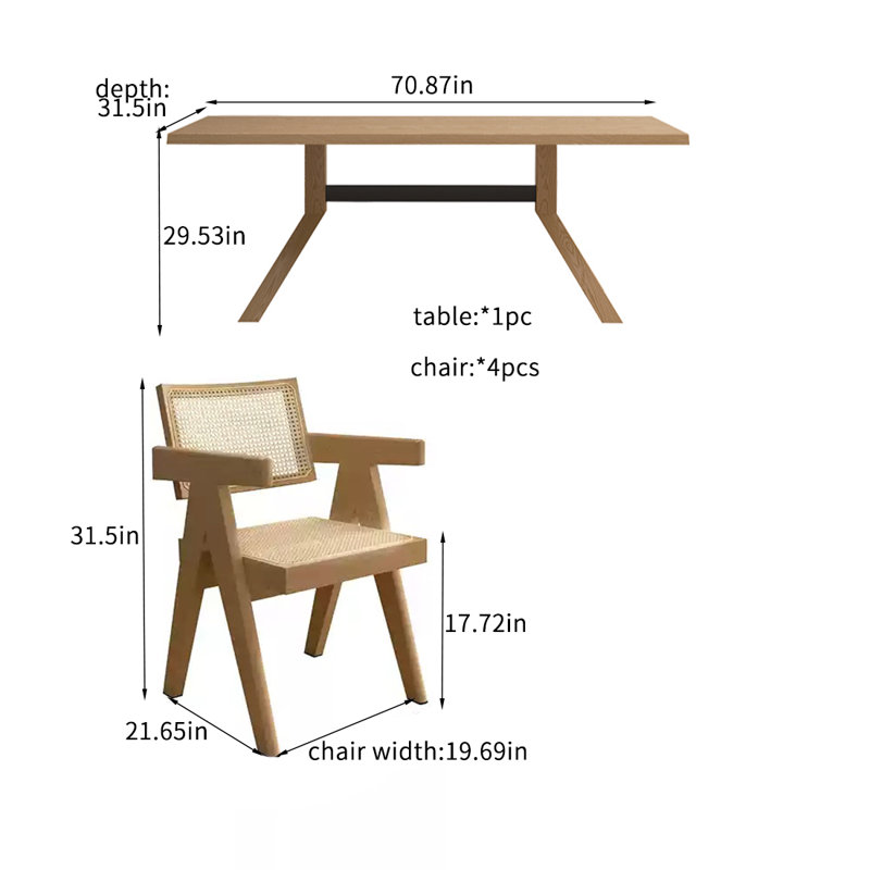 Combinaison de chaise de salle à manger simple en bois massif, H 29,53 po x L 70,87 po x l 31,5 po