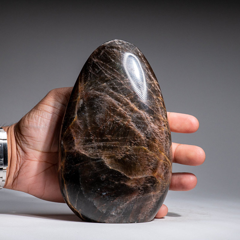 Genuine Polished Black Moonstone Freeform from Madagascar (3.2 Lbs), 6.5" H x 4" W x 2" D, Grey/Brown/Black