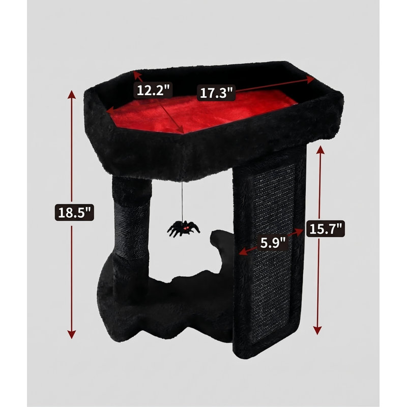 Tour à chat gothique avec lit de chat en cercueil pour chats d'intérieur, griffoir d'Halloween effrayant pour chat, poteau à griffes en sisal, jouets araignée pendante, noir avec rouge
