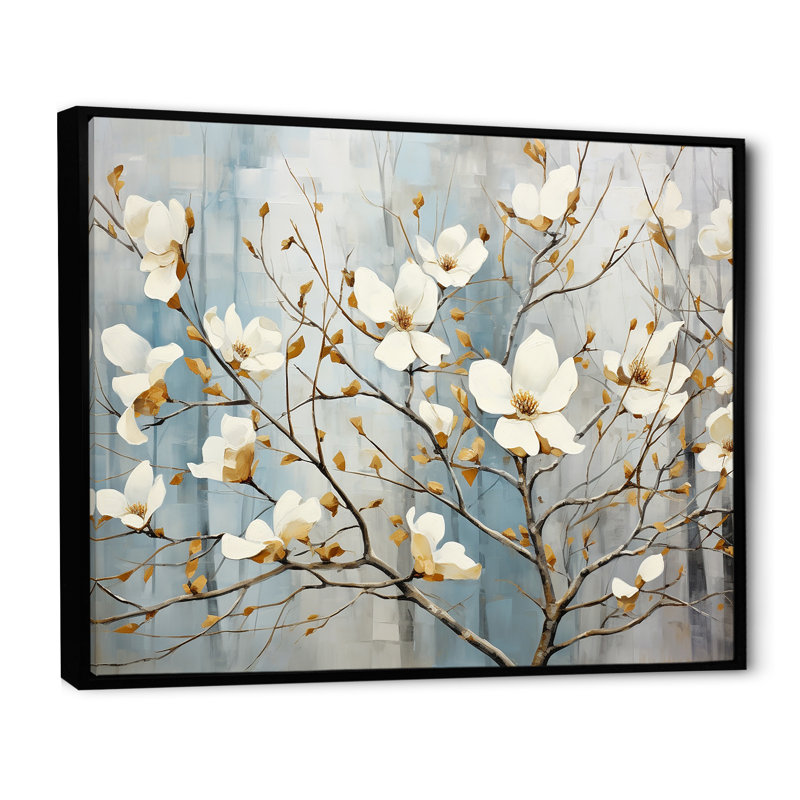 «White Dogwood Blossom Dreams I», reproduction sur toile, Cadre flottant noir, H 16 po x l 32 po x P 1 po