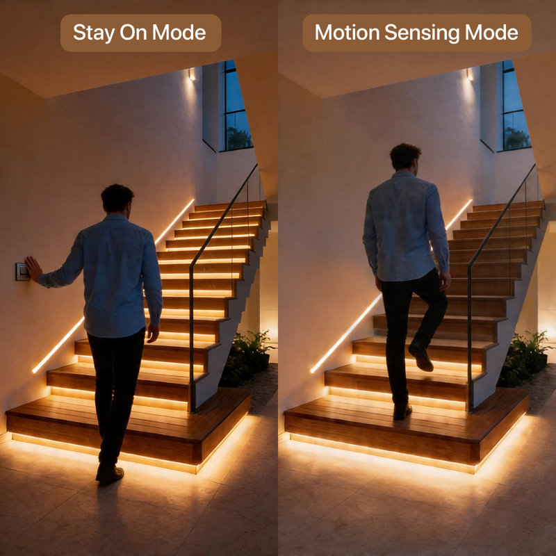 Éclairage de marche à DEL à mouvement intelligent avec lumière de marche à DEL télécommandée, éclairage d'escalier à luminosité réglable, nombre de pas de vitesse (12 étapes, 3000k)