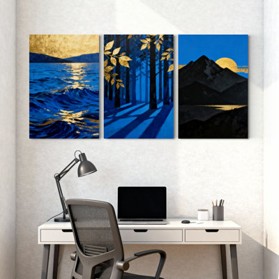 Abstrait, vagues de l'océan, forêt, arbres, coucher de soleil, ensemble de 3 impressions sur toile