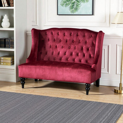 Elegant Wine Red Velvet Love Seat – Modern Glam with Wingback & Button Tufted Design