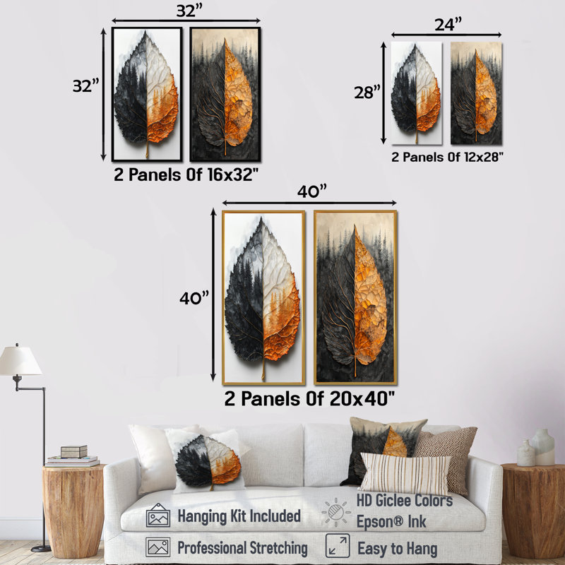 «Modern Modern Leaves Dark Symetry Of Autumn I», collection d'art mural floral à 2 panneaux, H 40 po x l 41 po, Toile tendue