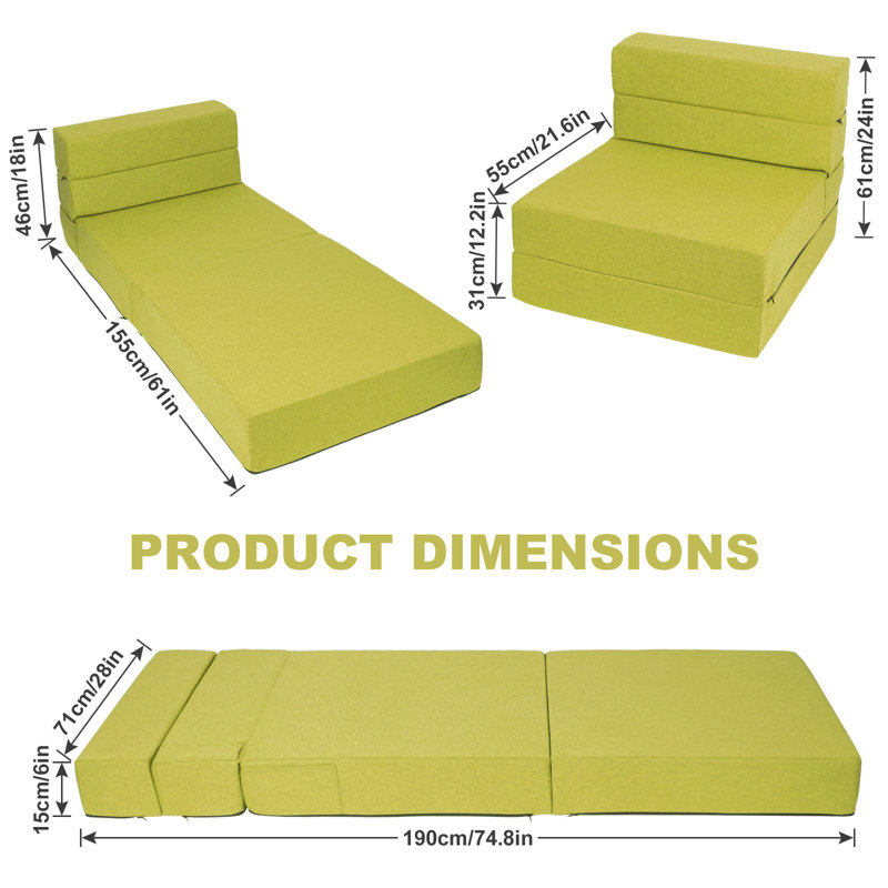 Graciela Convertible Bean Bag Chair: Transforming Single Sofa Bed With Memory Foam Mattress, Green