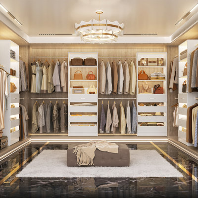 Walk-In 95.4”To 133.6” Closet System With 8 Wooden Drawers And 4 Hanging Rods