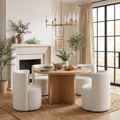 Ensemble de salle à manger 5 pièces rond en placage de bois avec chaises rembourrées et roulettes cachées