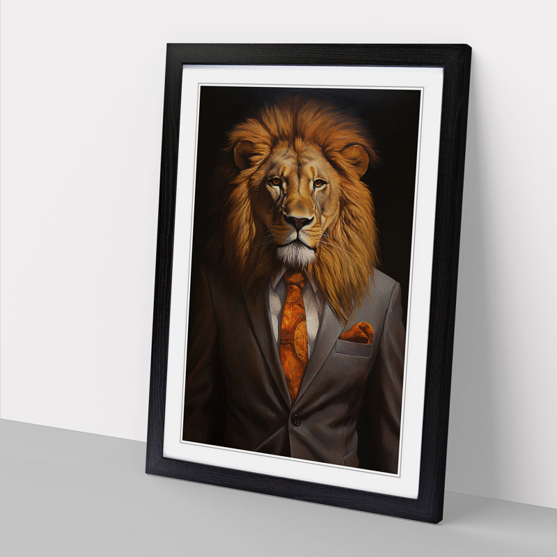 Lion In A Suit Painting No.2 - Single Picture Frame Print on Wood, Black Framed, 46cm H x 34cm W x 2cm D