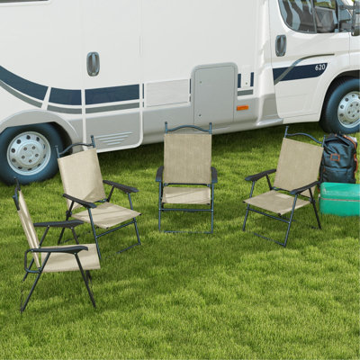 Chaises de patio pliantes, ensemble de 4 chaises de sport pour adultes, chaises de camping avec accoudoirs, siège en tissu maillé respirant pour la pelouse, beige