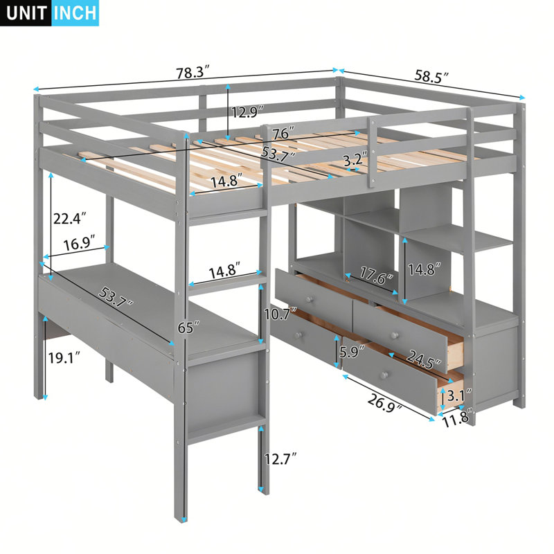 Loft Bed with Built-in Desk with Two Drawers, and Storage Shelves and Drawers, Grey