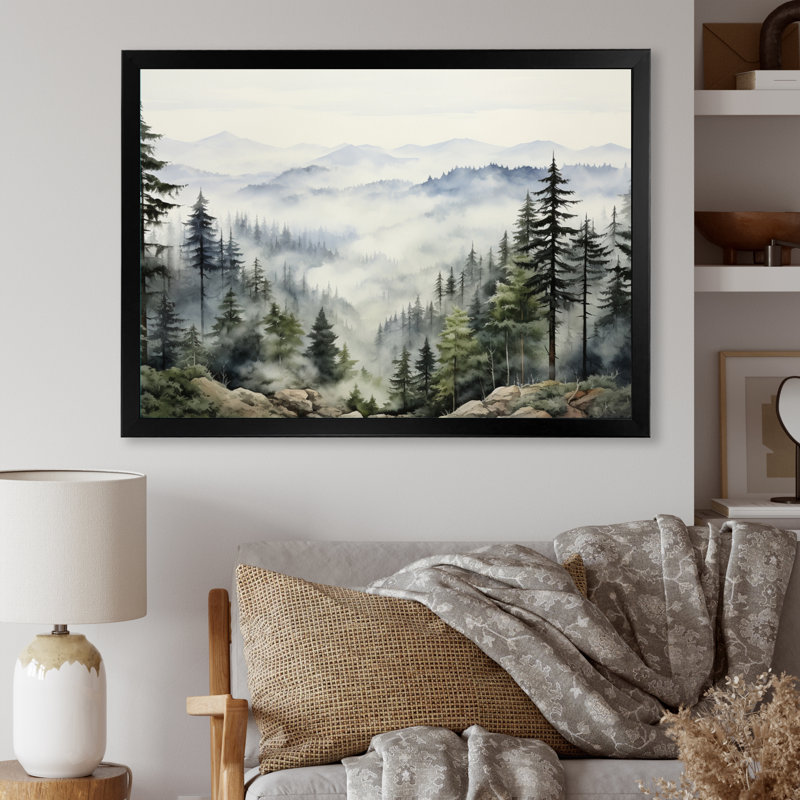 «Pine Tree Misty Mountain I», art sur toile de pin, Cadre photo unique, H 34 po x l 44 po, Noir
