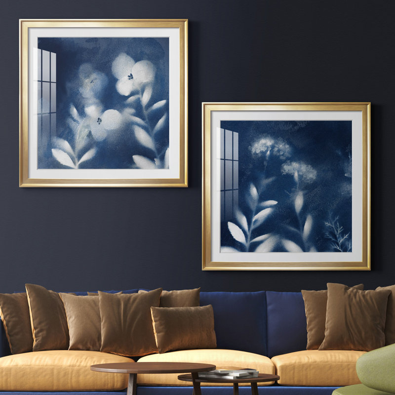 «Nature's Indigo I», ensemble de 2 reproductions d'art encadrées, H 30,5 po x l 61 po x P 1,5 po, Papier encadré doré, Blanc