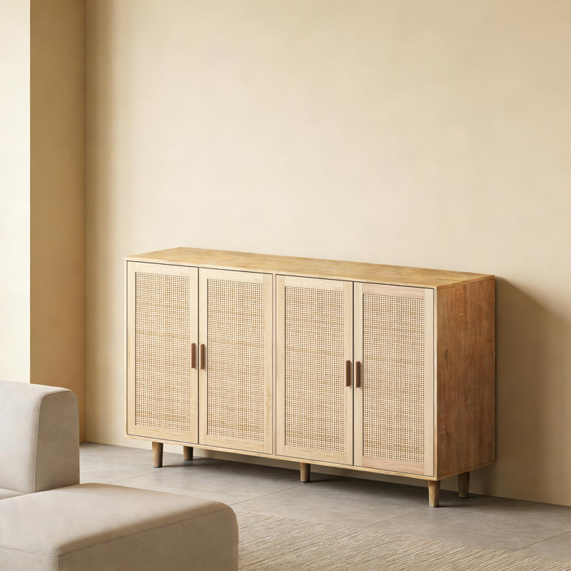 62.2" Rattan Storage Cabinet With 4 Decorative Doors, Sideboard Buffet Cabinet With Adjustable Shelf And Solid Wood Legs