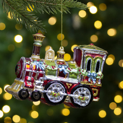 5.5" Red and Green Train Glass Christmas Ornament