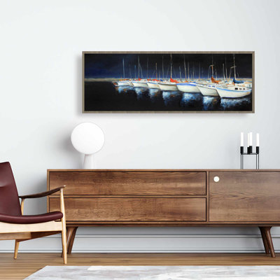 Fishing Boats at Marina Canvas | Blue Framed Wall Art Decor