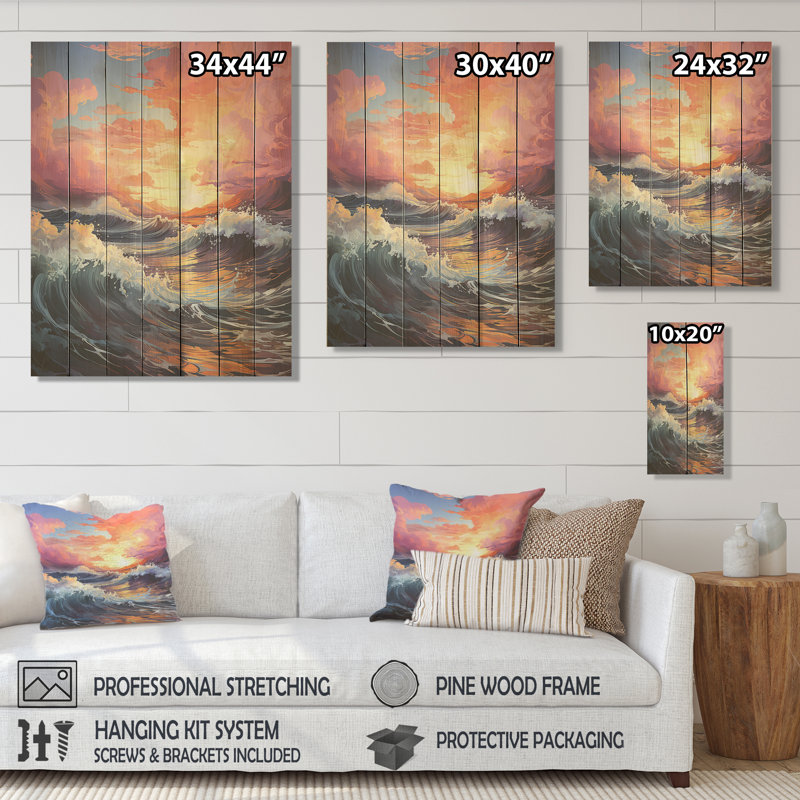 Abstrait orange, mer blanche et coucher de soleil I - plage et océan sur bois, H 44 po x l 34 po