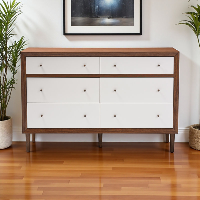 Westphal Two-Tone White and Brown Finish 6-Drawer Dresser, 35.69'' H X 53.98'' W X 16.3'' D