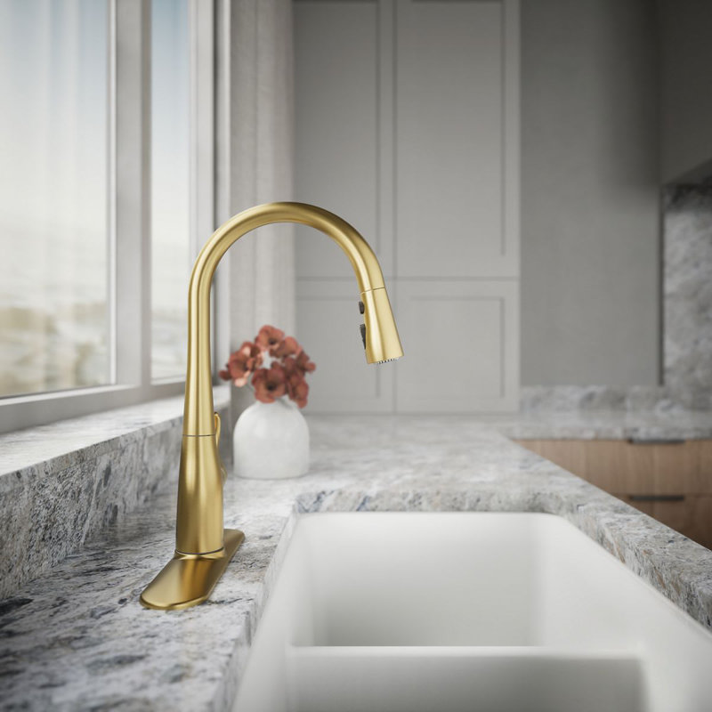 Simplice Single-Handle Pull Down Bar Sink Faucet with Three-Function Sprayhead, Vibrant Brushed Moderne Brass