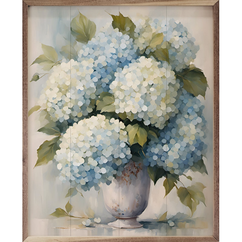 Hortensias dans un vase blanc encadré sur bois, H 30 po x l 24 po